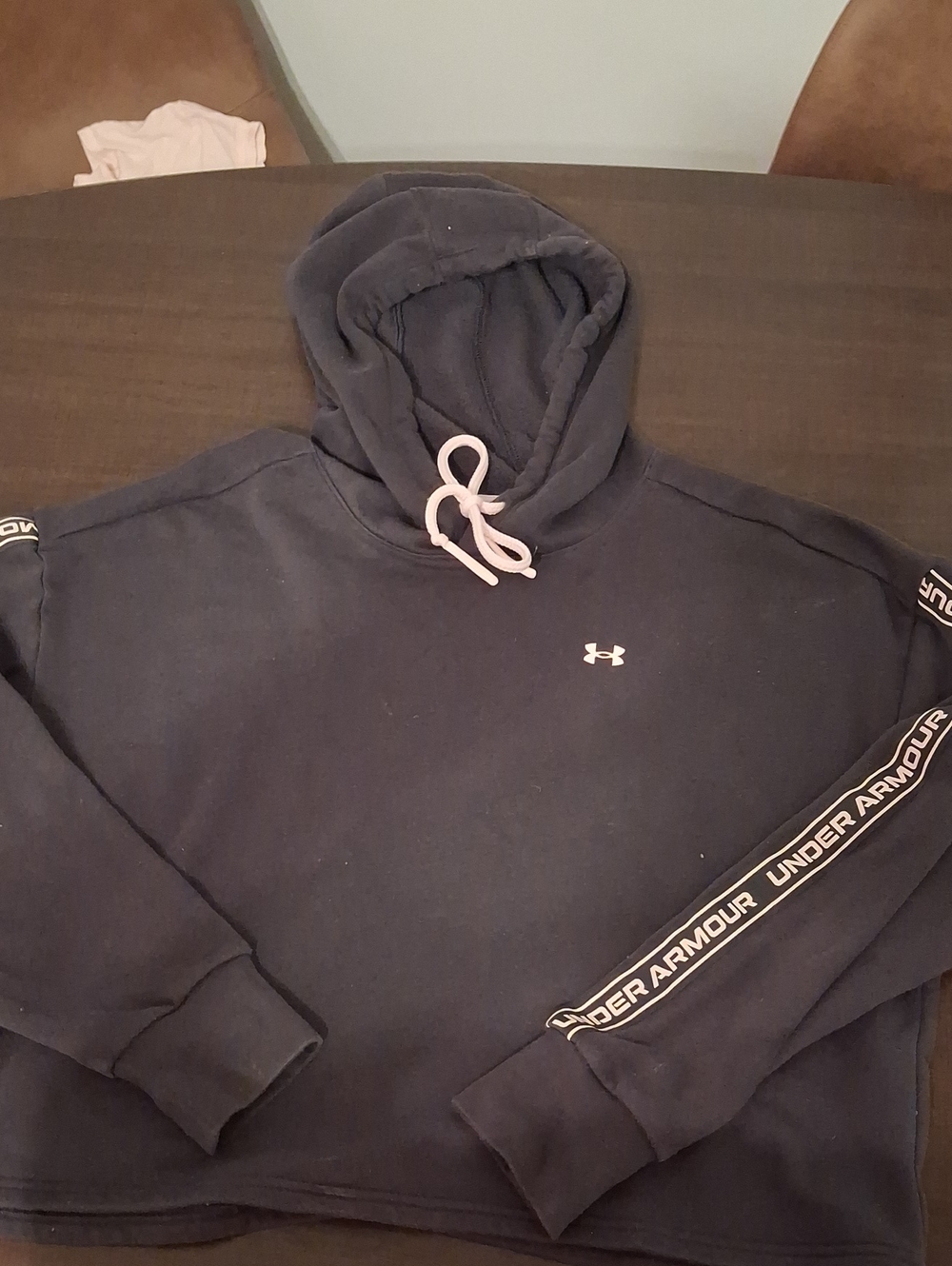 Under Armour Women Navy Crewneck Hoodie with Pink Branded Sleeve Tape